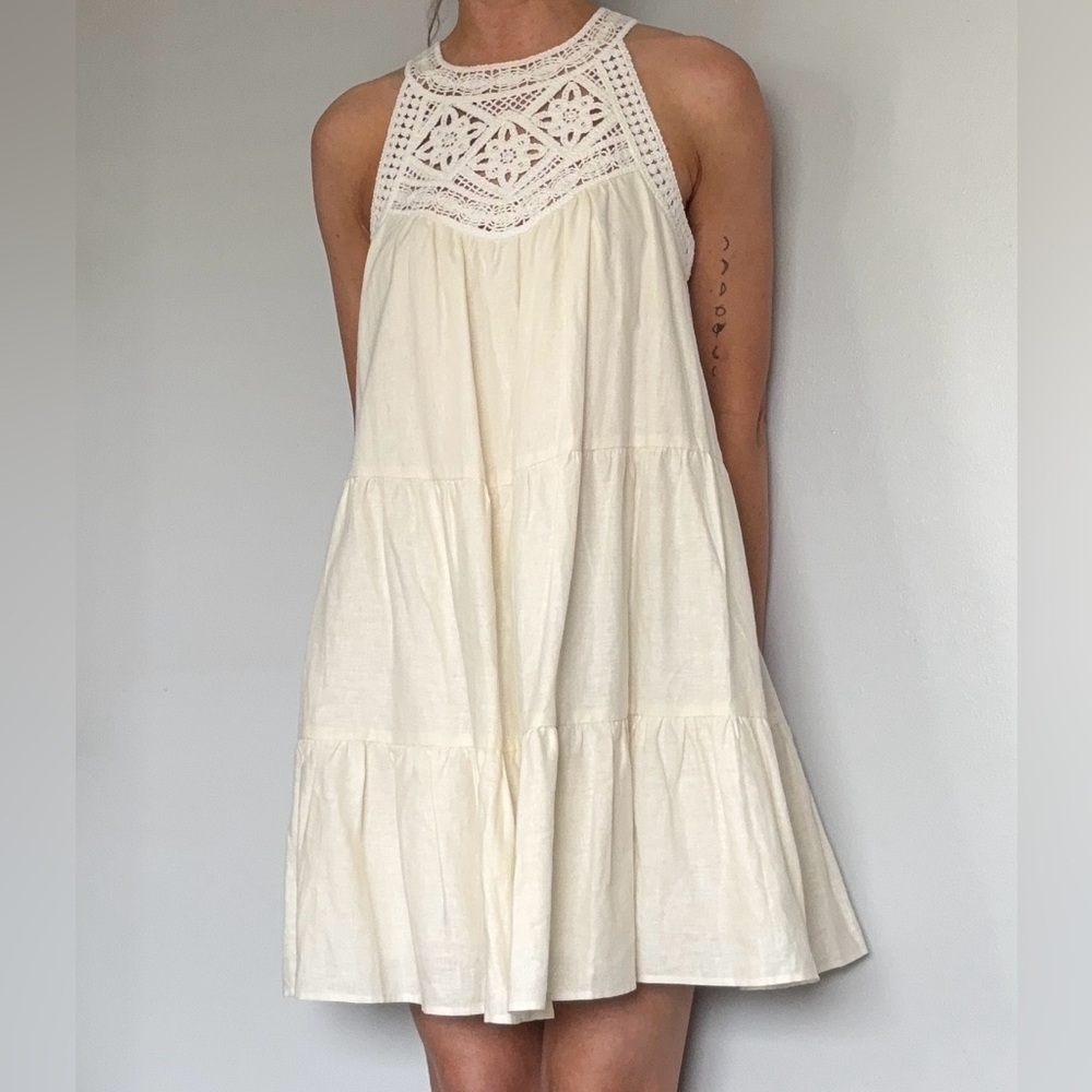 Sezane Cream Crochet Halter Mini Dress